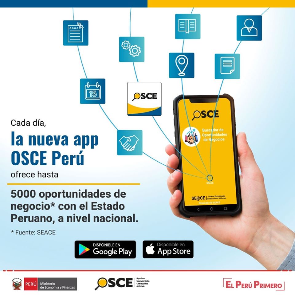 OECEPeru's tweet image. ⚠#OSCEPerú es la app que pone oportunidades de negocios en tus manos!

📲Descárgala desde Play Store y App Store y encuentra las convocatorias vigentes para contratar con el Estado.