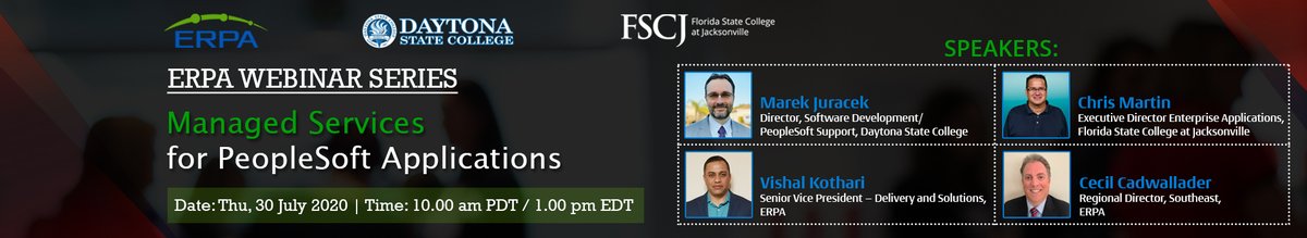 ERPAGroup's tweet photo. Join @DSC_News &amp; @FSCJ_Official along with @ERPAGroup  for a panel discussion regarding ERPA’s #ManagedServices. Learn how we’ve helped organizations maintain #PeopleSoft without the costs of in-house staff, by becoming an extension of your team.
https://t.co/RAOojd67uQ
#ERPA https://t.co/pOkjiWn2Lb