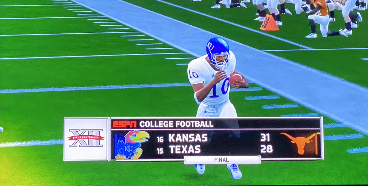 CoachNLuke's tweet photo. Down goes the Longhorns! @KU_Football defeats @TexasFootball 31-28 in Austin! @ChrisNcaa @boogerncaa https://t.co/1FETBY1i7h