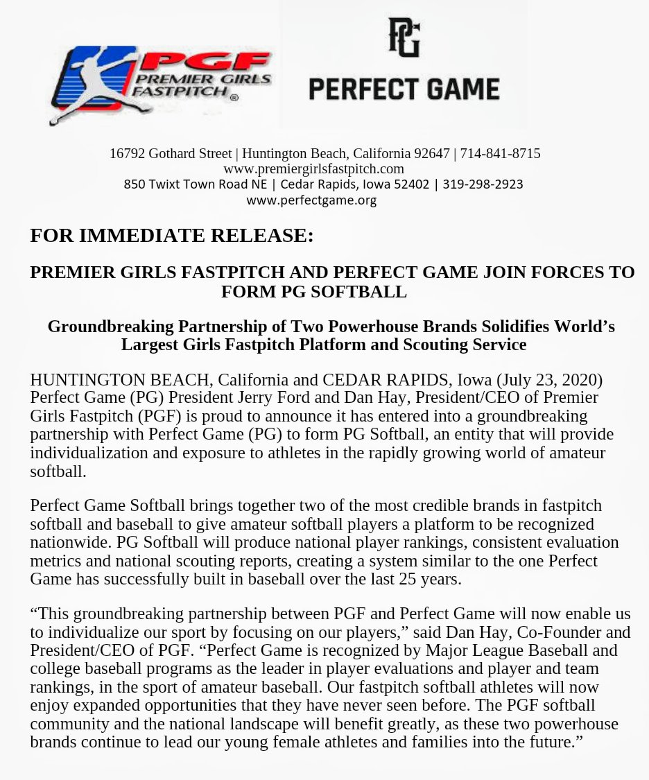 FastPitchNet's tweet photo. BREAKING NEWS

PGF &amp; Perfect Game Baseball join forces to launch Perfect Game Softball.  The two will be EQUAL partners in the venture.  Perfect Game DID NOT buy PGF.

What Perfect Game will bring to the softball side should be a game-changer.

Official Press Release below. https://t.co/uG0676Bm9h