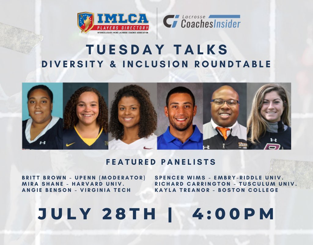 IMLCA (@imlcacoaches) on Twitter photo Continuing our #TuesdayTalks this week with an awesome group of panelists discussing gender’s role in the overall diversity & inclusion conversation within our sport. Register to join us Live on Zoom tomorrow @ 4pm <a href="/IWLCA/">IWLCA</a> <a href="/LAXcoachinsider/">Lacrosse Coaches Insider</a> @IMLCAdirectory
us02web.zoom.us/webinar/regist… Continuing our #TuesdayTalks this week with an awesome group of panelists discussing gender’s role in the overall diversity & inclusion conversation within our sport. Register to join us Live on Zoom tomorrow @ 4pm <a href="/IWLCA/">IWLCA</a> <a href="/LAXcoachinsider/">Lacrosse Coaches Insider</a> @IMLCAdirectory
us02web.zoom.us/webinar/regist…