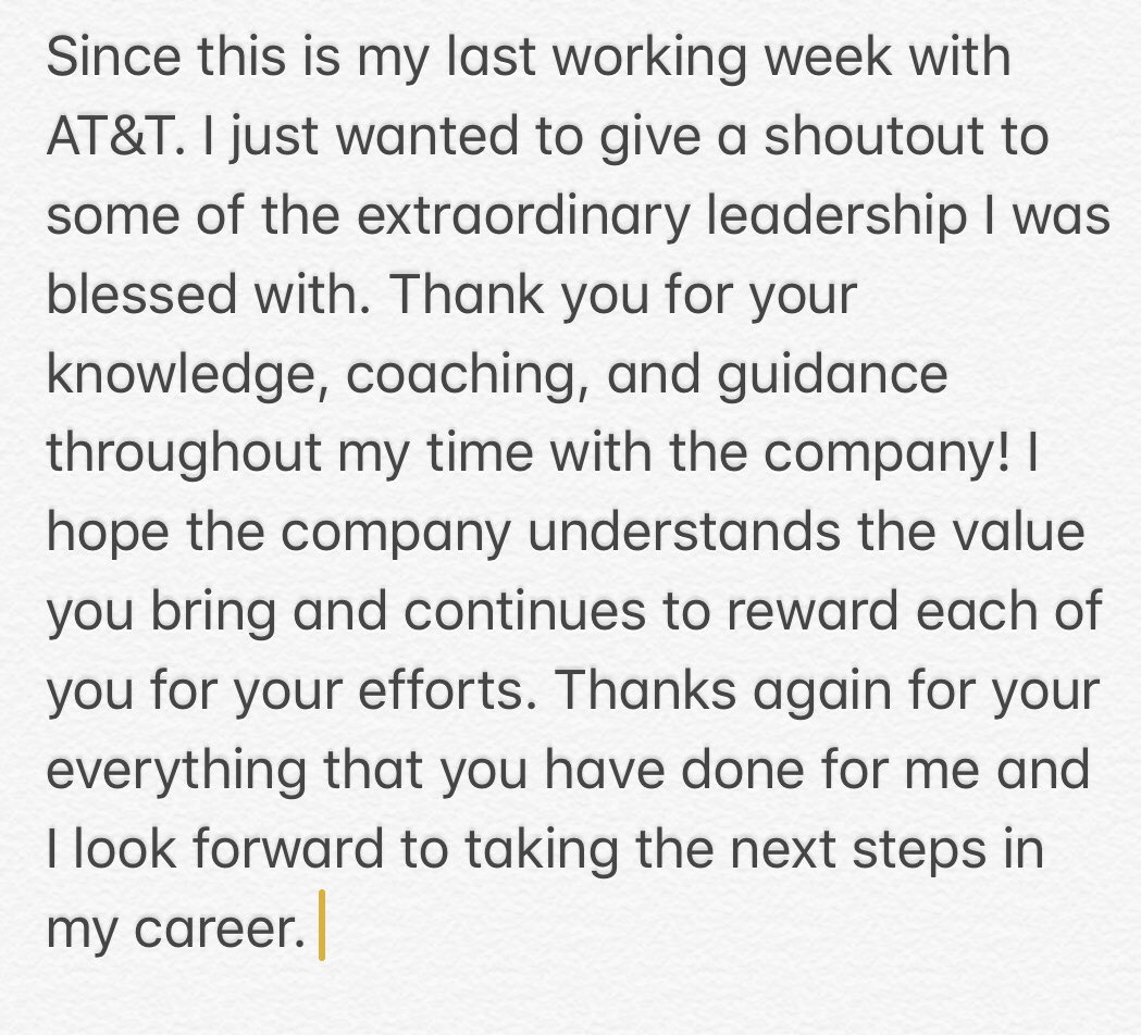 It was too much to type in one tweet. However, I just wanted to give y’all a shoutout and thank you message as I approach my last week with AT&amp;T. <a href="/CAhkuoi/">Catherine Ah Kuoi</a> <a href="/kh170u/">Kayla Williams</a> <a href="/BurgettJared/">Jared Burgett</a> <a href="/ShaneStargel/">Shane Stargel</a> <a href="/rydamusprime/">J.Carr</a>