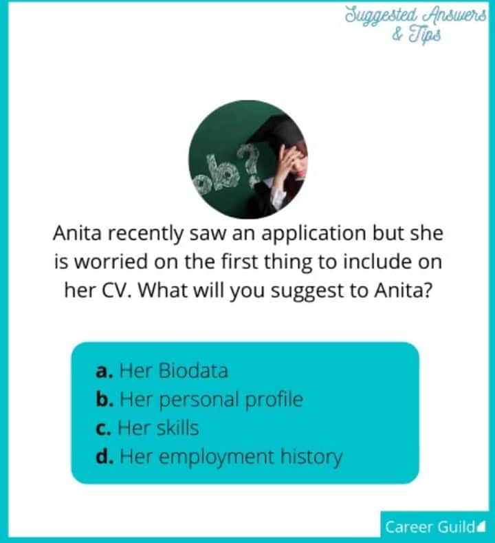 career_guild's tweet photo. Anita is really frustrated about crafting her CV and she needs to submit her application.

What will you advise her from option a-d?

Share your thoughts.

#CVwriting #SuggestedAnswersandTips #CareerGuild https://t.co/lQFSxkzT7Y