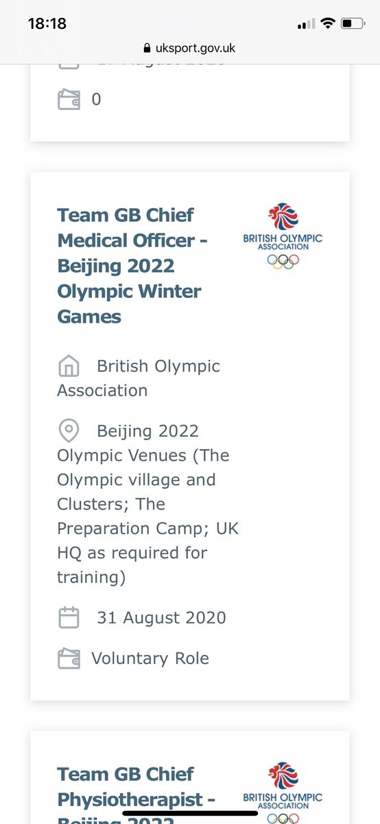 CMO and Hd Physiotherapist required as an unpaid volunteer at Beijing 2022 winter games..... meanwhile the highest paid director  <a href="/TeamGB/">Team GB</a> received £408,880 by way of remuneration in 2018.