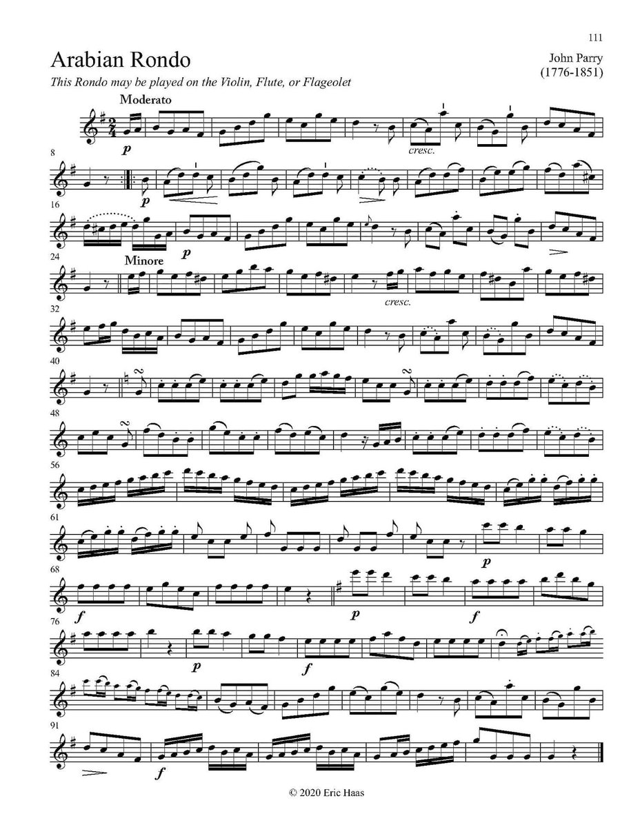 vonhuene's tweet photo. An 'Arabian Rondo' for the pianoforte by Welsh composer John Parry. The first page bears the notation 'This Rondo may be played on the Violin, Flute, or Flageolet'. It will fit on either alto or soprano recorder (take mm 72-77 down an octave). https://t.co/TNrE6U0LfY