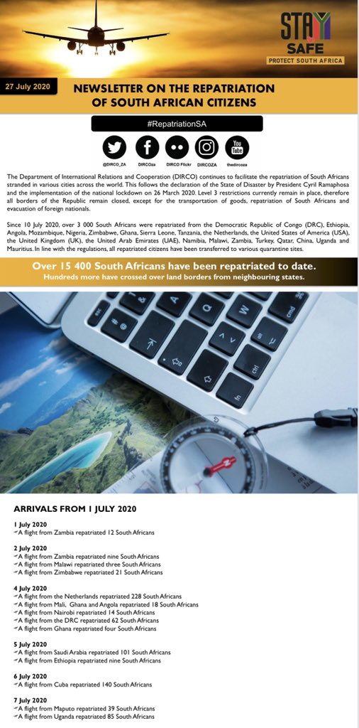 DIRCO_ZA's tweet photo. [#RepatriationSA]: Over 15 400 South Africans have been repatriated to date. Hundreds more have crossed over land borders from neighbouring states. 

#COVID19 #CoronavirusUpdate #Repatriation https://t.co/DBAR0hVmYe