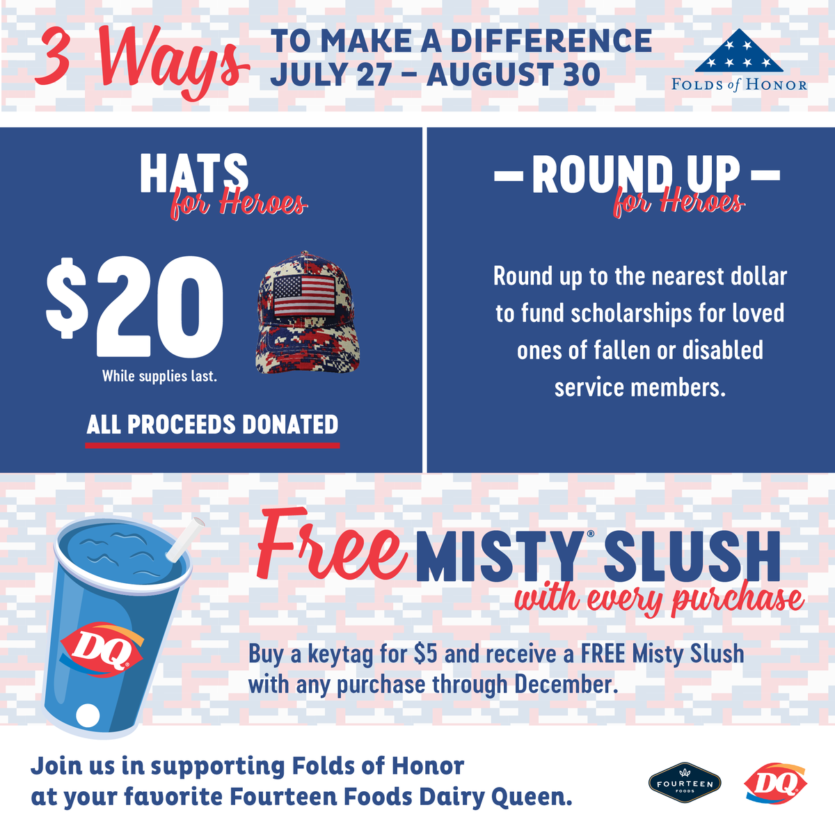 FoldsofHonor's tweet photo. We are excited to share our new partnership with @DQ14Foods.  Now through the end of August, help support local military families through our partnership - available now at all Fourteen Foods DQ® locations! #MakeaDifference 

https://t.co/ERRE4Qdzbw https://t.co/kaF1911HgG