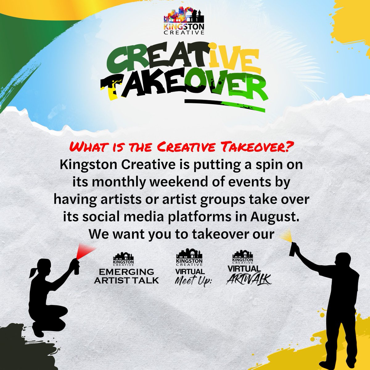 kgncreative's tweet image. The theme for August is "Creative Takeover"! We want you to have creative control of our events! You have a few days left so send your proposals (&amp;amp; more detailed inquiries) to kingstoncreativearts@gmail.com!
#VirtualArtWalk #VirtualMeetup #EmergingArtistTalk