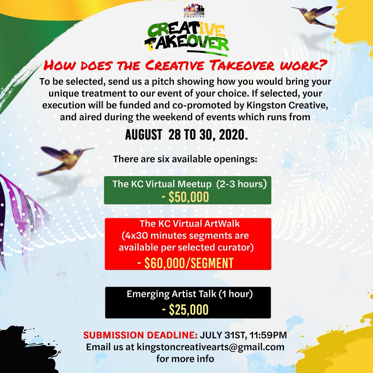 kgncreative's tweet image. The theme for August is "Creative Takeover"! We want you to have creative control of our events! You have a few days left so send your proposals (&amp;amp; more detailed inquiries) to kingstoncreativearts@gmail.com!
#VirtualArtWalk #VirtualMeetup #EmergingArtistTalk