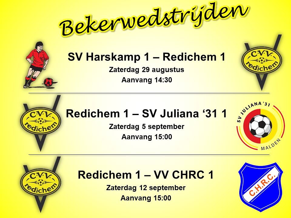 Redichem's tweet photo. Bekerwedstrijden van Redichem 1 bekend. #bekerwedstrijden #redichem #svharskamp #svjuliana31 #vvchrc https://t.co/siZgN0e4Pp