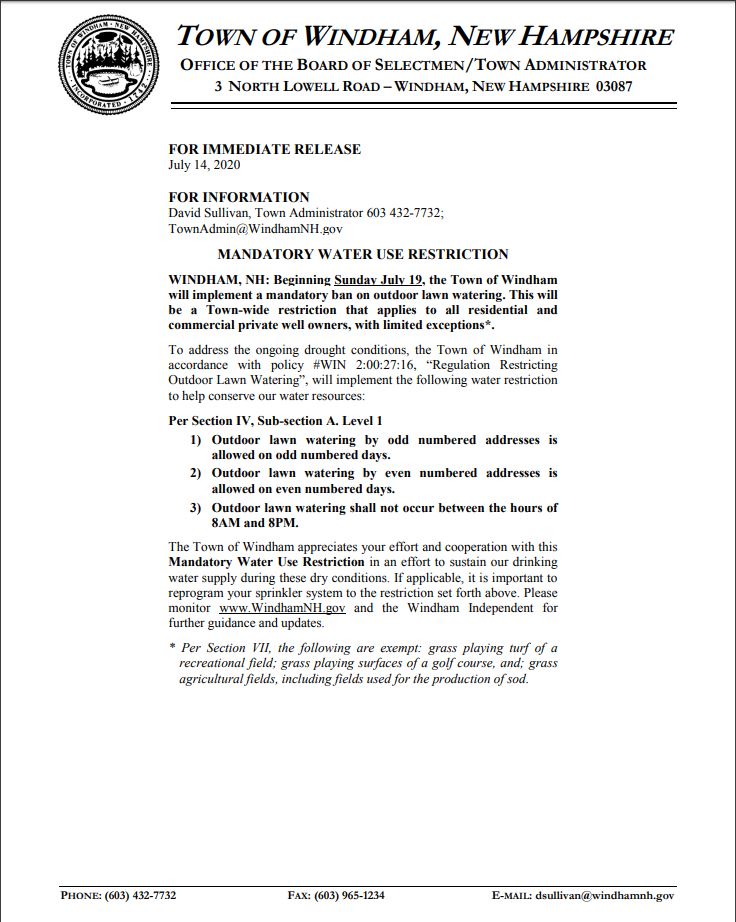 WindhamFD's tweet image. The Town of Windham has implemented a Level 1 Water Ban Restriction as of July 19th. For more information, please visit: WindhamNH.gov