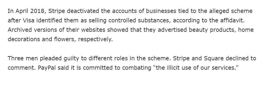 A few players have flipped in the scheme!But of course the 3rd party processors all say they are committed to combating the illicit use of their systems...Words are cheap though & shady transactions are profitable!