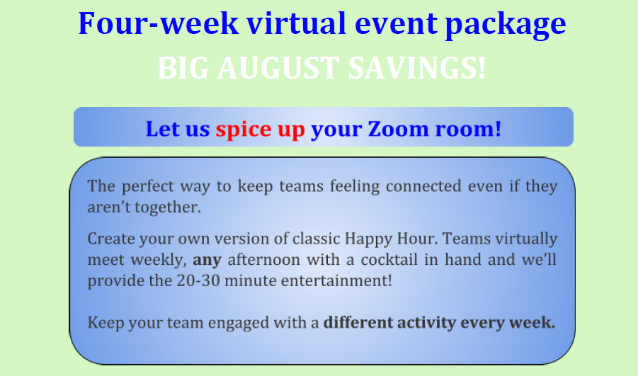 TeamUnity2's tweet image. Looking to keep your remote teams connected? Save BIG & take advantage of our August Virtual event package!
Keep your teams motivated by creating a fun & #engaging environment. Visit teamunity.co
#customizedvirtualpackage #virtualactivities #remotefun #seriousfun