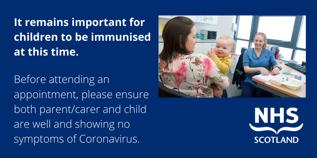 Childhood Immunisation Clinics are continuing across Lothian. It remains important for your child to be immunised at this time and you are encouraged to attend if you and your child are well and showing no signs of Coronavirus.
