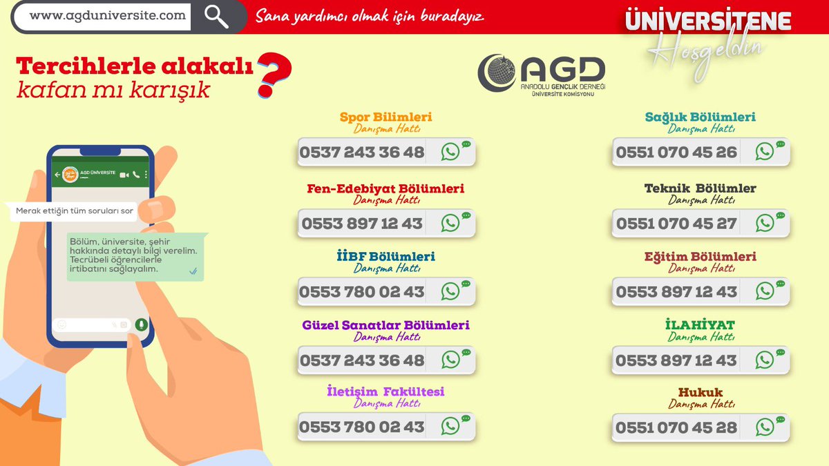 Tercihlerle alakalı kafan mı karışık ?
Aşağıda yer alan danışma hatlarından bize ulaşarak merak ettiğin tüm soruları sorabilirsin.
Sana yardımcı olmak için buradayız.

<a href="/AGDUNi/">AGD Üniversite Komisyonu</a> 

#tercihindedikkatliol