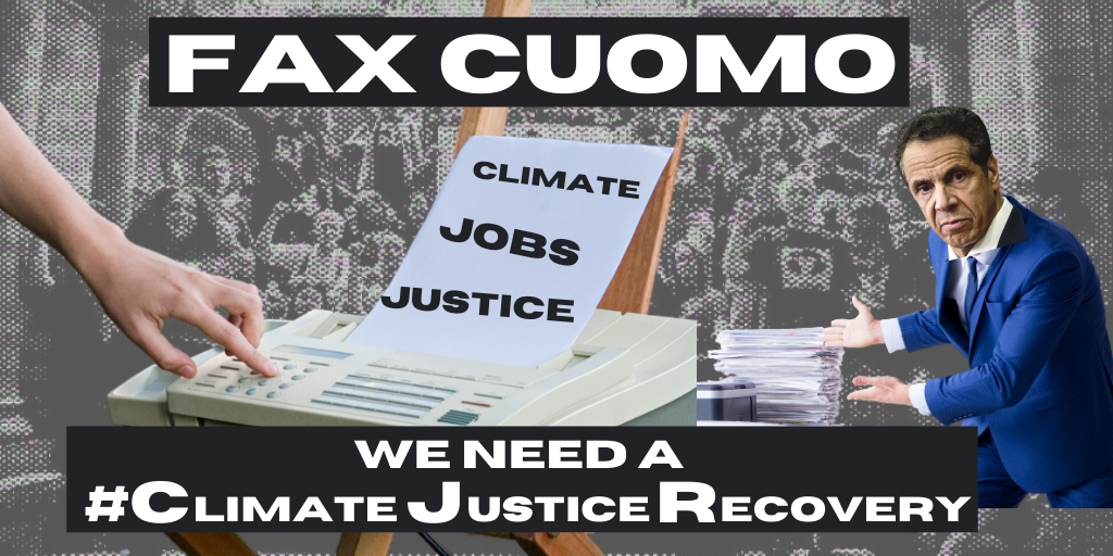 NYRenews's tweet photo. We need a #ClimateJusticeRecovery. FAX @NYGovCuomo, and let him know we need:

✅ good, green jobs with family sustainable wages
✅100% renewable energy in NY
✅Make polluters pay for toxins that harm the planet and poison our communities

➡️Fax Cuomo: https://t.co/TC5TwvVjCa https://t.co/6BKGUNCN8D