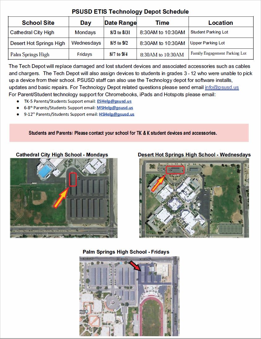 Tech Depots for repair and replacement of district-issued student devices continuing weekly through end of August. See attached schedule. Devices can be brought to any depot location