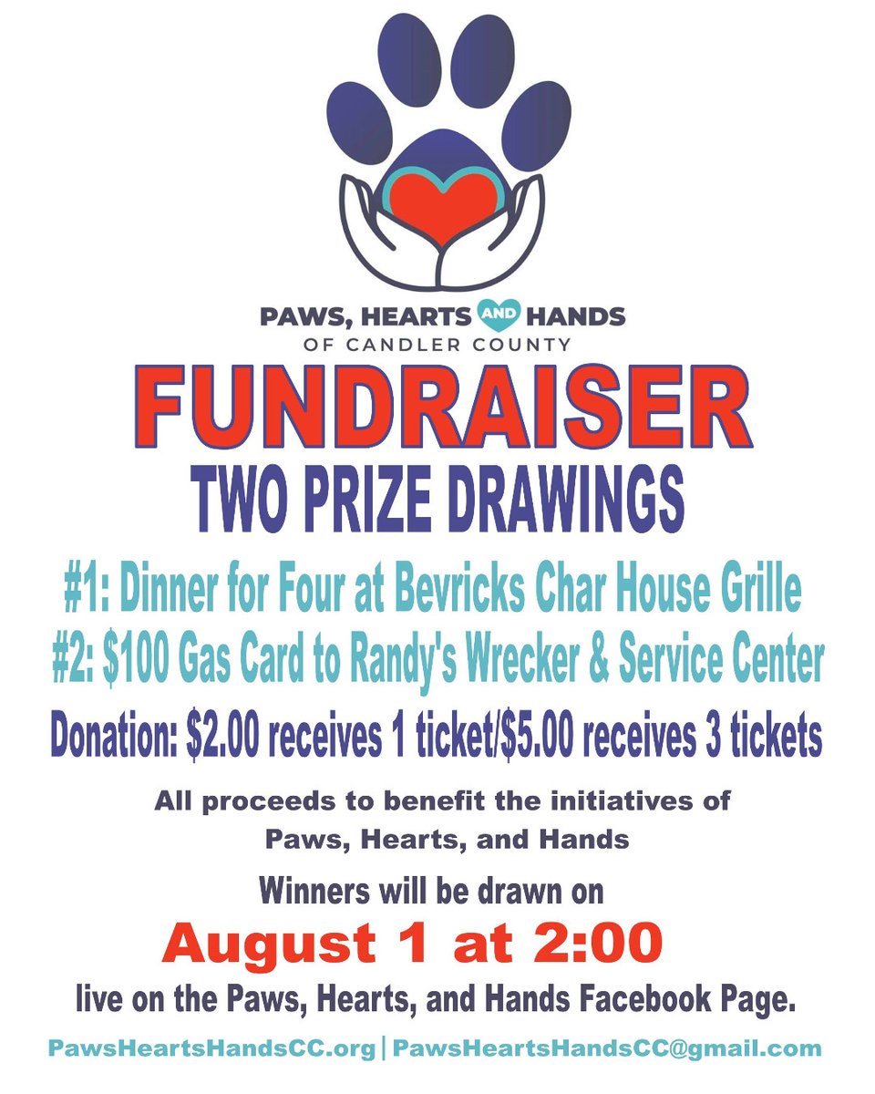 PawsHeartsHands's tweet photo. Just a few more days to get your tickets for the #PAWS prize drawing that will be held on #FacebookLive Saturday at 2pm.  Get your tickets from any #PawsHeartsHandsCC board member. https://t.co/NYUEqqcWt2