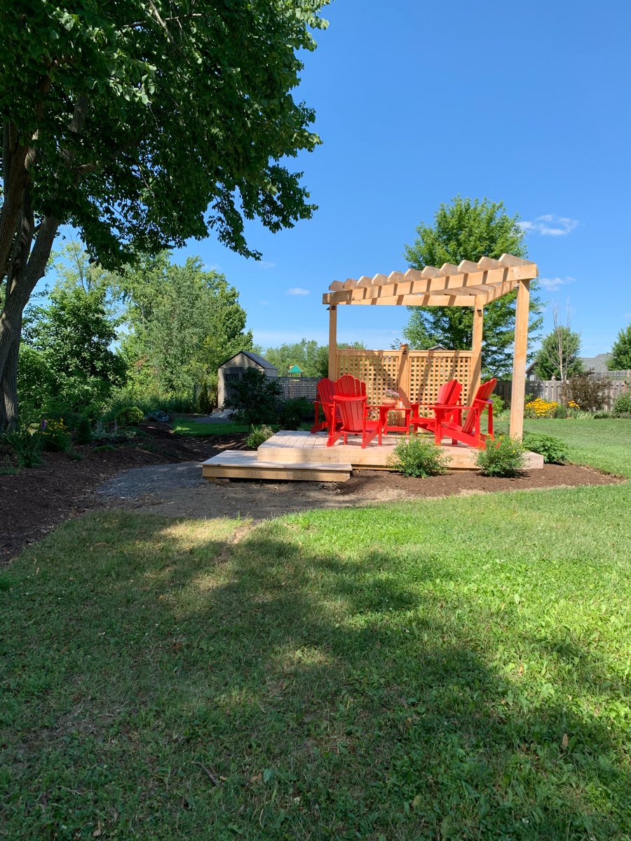 LanarkCedar's tweet photo. Thanks to customer Norm for sharing these updated photos of his deck &amp; pergola install. Looks like the perfect spot for a social distance visit by the water. Your landscaping &amp; chairs really finish the look of the cedar installation. We're so glad that you're enjoying it!🥰👍 https://t.co/jlyu57j9Q8