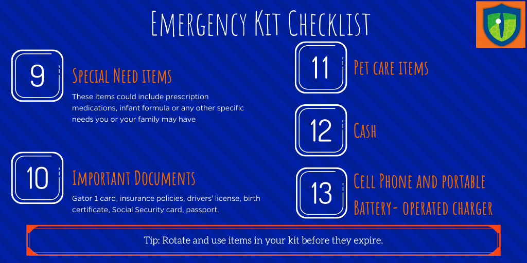 UFPublicSafety's tweet photo. For today's #PrepTalkMonday, we're covering the second part of the Department of Emergency Management's core motto: Have a Plan, Build a Kit, Stay Informed. Before a storm approaches, we encourage that everyone build a preparedness kit that's personalized to their unique needs. https://t.co/VmkoMWfHie