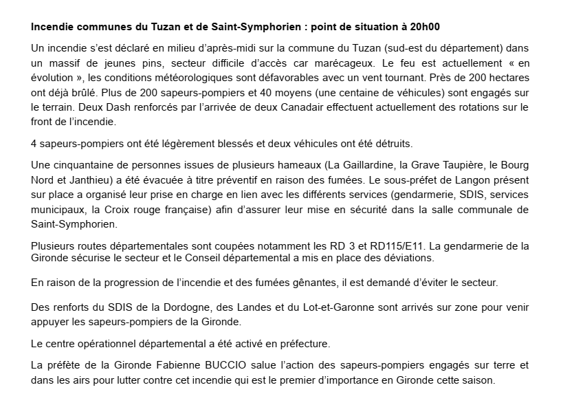 PrefAquitaine33's tweet photo. 🔥#feudeforêt secteur Le Tuzan - Saint-Symphorien
Point de situation à 20h00 - feu "en évolution"
➡️+ de 200 ha brulés
➡️200 sapeurs-pompiers et 40 moyens engagés
➡️Dash et Canadair effectuent des rotations
➡️ 50 personnes évacuées à titre préventif en raison des fumées gênantes https://t.co/Hf4URWPsUZ