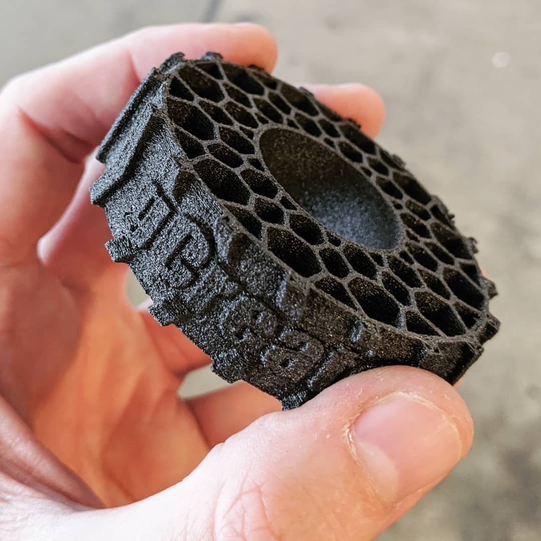 gCreate3D's tweet photo. Airless tire print made w/ recycled tires! This filament, from #TreeDFilaments, was #3dprinted on a gCreate gMax 2 with @geckotek3d cold. A flexible filament that smells like tires after a burnout!
Hotend temperature: 215 °C
Bed Temp: N/A
Speed: 45 mm/s
Layer Height: 0.24mm https://t.co/ZfXxzFFaLV