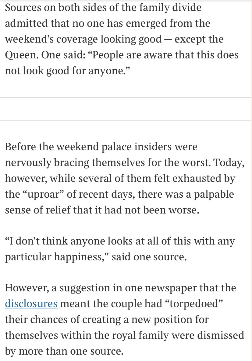 “Sources on both sides of the family divide admitted that no one has emerged from the weekend’s coverage looking good — except the Queen. One said: “People are aware that this does not look good for anyone.””