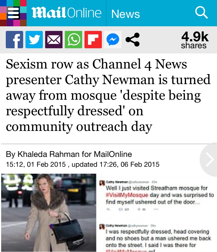 This is just some of the reporting on the mosque ushering of Cathy Newman. It was covered on tv news programmes as well. Phone ins on BBC radio and LBC about it as well. It was number one story for that week.