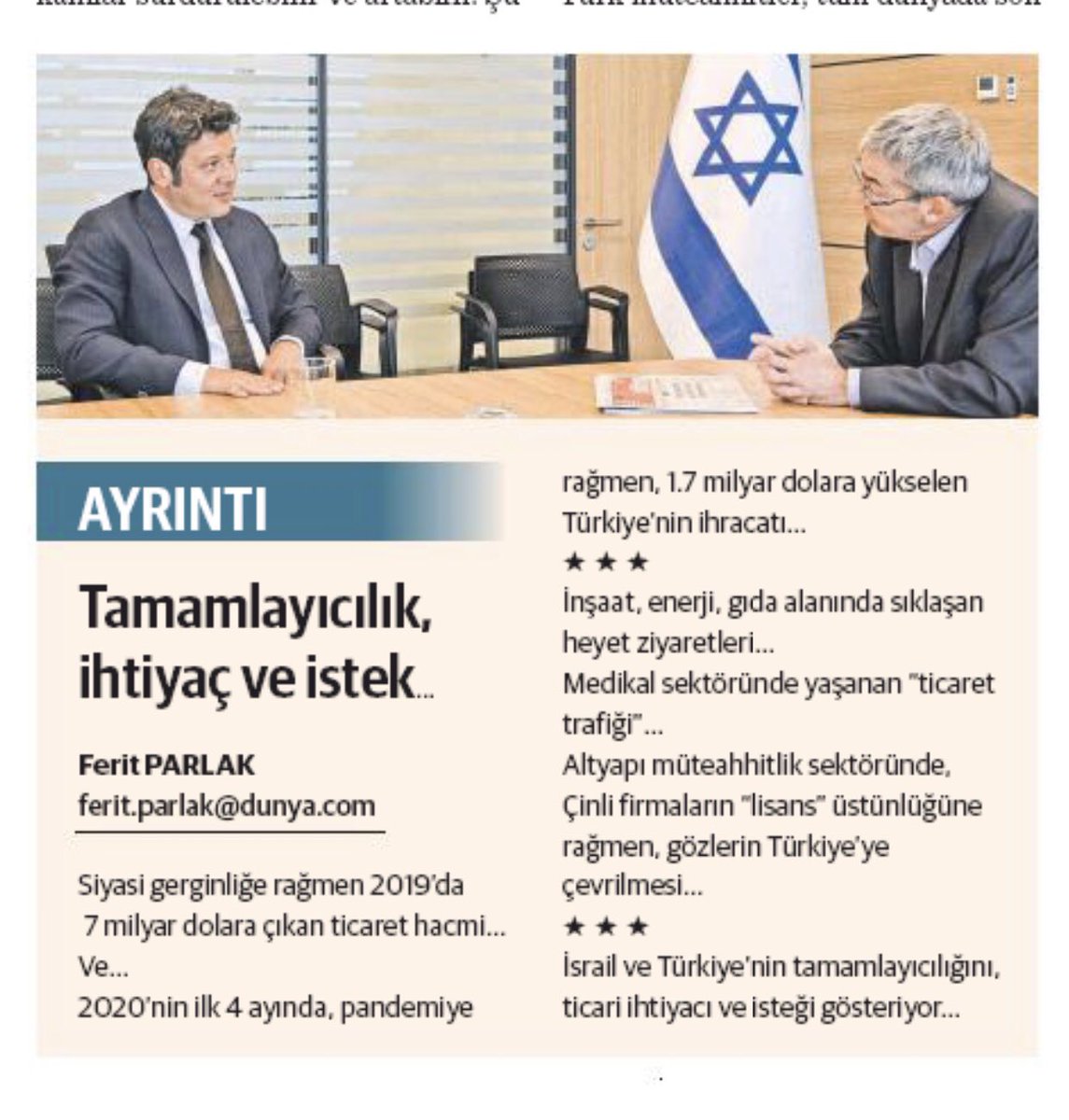feritparlak's tweet photo. Siyasi gerginliğe rağmen 
2019’da 
7 milyar $’a çıkan ticaret hacmi
Ve
2020’nin ilk 4 ayında, 
pandemiye rağmen, 
1.7 milyar $’a yükselen 
Türkiye’nin ihracatı
🔻
Ticarette 
tamamlayıcılığı/ihtiyacı/isteği gösteriyor
🔻
İsrail maslahatgüzarı @RoeyGilad ile ilişkileri konuştuk 📌 https://t.co/Vy4gzOEl2v