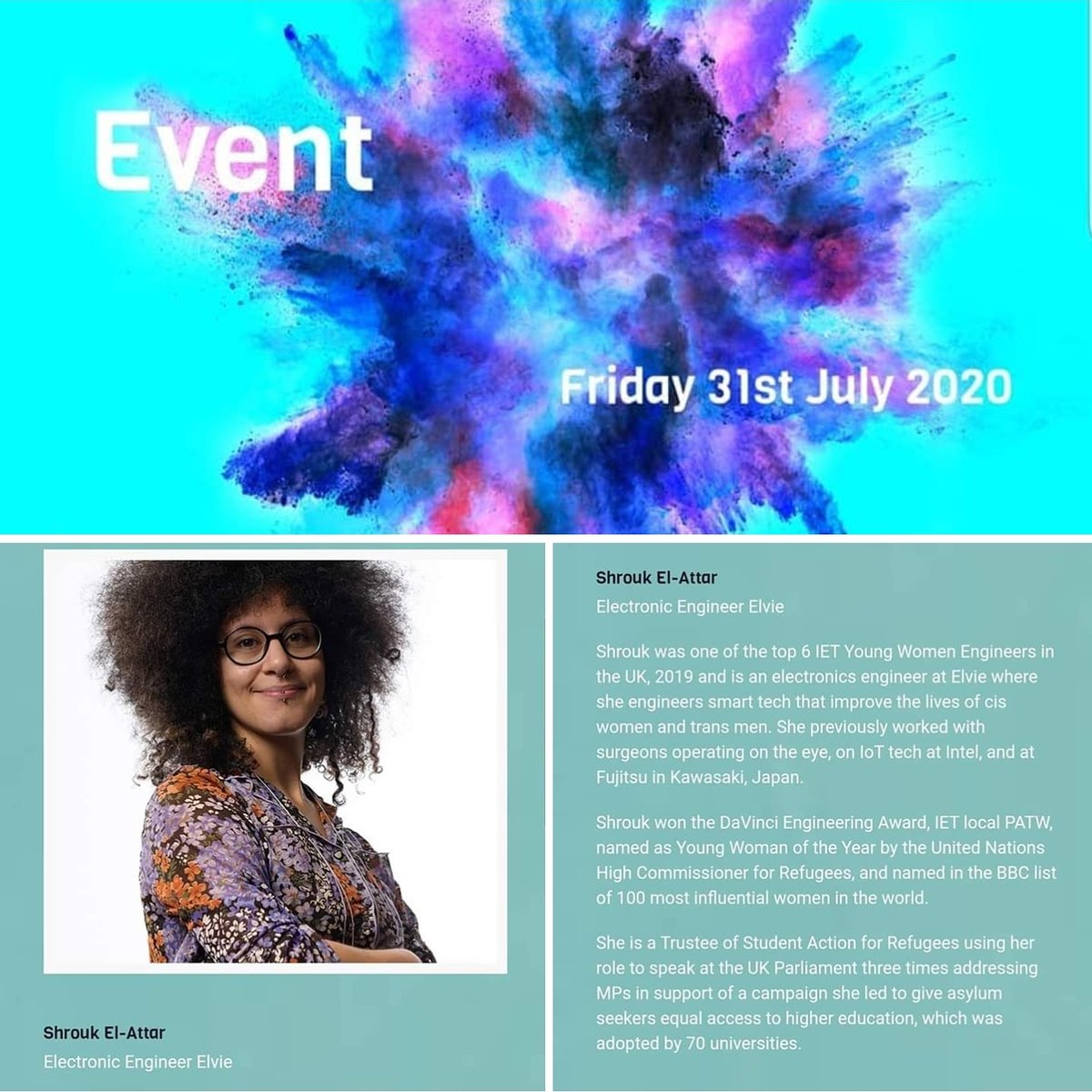 ShroukELA's tweet image. Catch me Friday 31st July at 215pm at REflect for BAME Engineers! Sponsored by @RSComponents and @TheIET

#REflect2020 #DiversityInSTEM #ILookLikeAnEngineer #smashstereotypestobits #engineering 
@IETYPLondon @IETtv @IETeducation