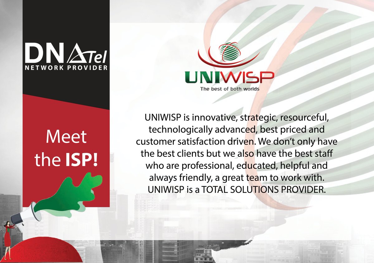 DNATel_ZA's tweet photo. DNATel are proud to have UNIWISP on board as one of our Internet Service Providers! 🥳 To find out more about their prices and packages, visit https://t.co/g2dWVwsV7A and click on the 'shop' tab. WhatsApp or call 087 813 0333 to find out more about their incredible deals! https://t.co/pAdhF9BPgR