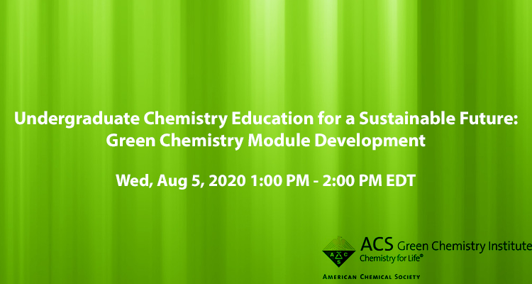 ACSGCI's tweet photo. Calling all undergraduate #chemistryeducators and curriculum developers! Join us Wed, Aug 5, 2020 1:00 PM - 2:00 PM EDT for "Undergraduate Chemistry Education for a Sustainable Future: Green Chemistry Module Development " Sign up now! https://t.co/5WuxiZ9W0b https://t.co/F8mR1JVoXk