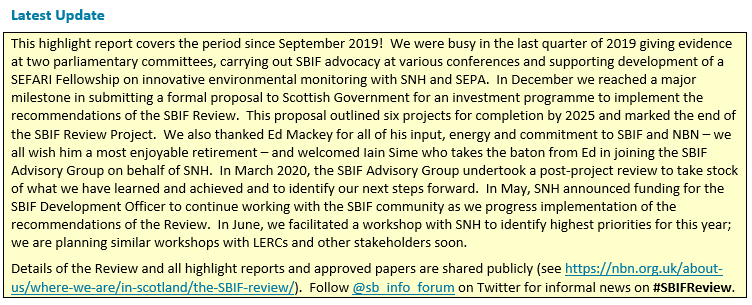 Scottish Biodiversity Information Forum (@sb_info_forum) on Twitter photo A rather delayed, but never the less, jam packed #SBIFReview highlight report.
Read what we've been up to since September here bit.ly/3hInFkC
<a href="/ScottishBirding/">The SOC</a> <a href="/ScotLINK/">Scottish Environment LINK</a> <a href="/CIEEMnet/">CIEEM</a> <a href="/ScotWildlife/">Scottish Wildlife Trust</a> <a href="/savebutterflies/">Butterfly Conservation 🦋</a> <a href="/BuglifeScotland/">BuglifeScotland</a> <a href="/RSPBScotland/">RSPB Scotland</a> A rather delayed, but never the less, jam packed #SBIFReview highlight report.
Read what we've been up to since September here bit.ly/3hInFkC
<a href="/ScottishBirding/">The SOC</a> <a href="/ScotLINK/">Scottish Environment LINK</a> <a href="/CIEEMnet/">CIEEM</a> <a href="/ScotWildlife/">Scottish Wildlife Trust</a> <a href="/savebutterflies/">Butterfly Conservation 🦋</a> <a href="/BuglifeScotland/">BuglifeScotland</a> <a href="/RSPBScotland/">RSPB Scotland</a>
