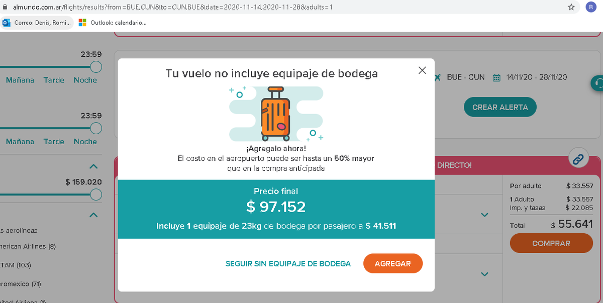 Rodenro's tweet photo. @almundo_ar @Aerolineas_AR esto es un chiste quiero creer???  cómo puede ser que el costo por agregar un equipaje salga lo mismo casi que el pasaje..?? es una vergüenza, promocionan cuotas y precios "Sale" con este tipo de valores. https://t.co/ufMbIjiUX2