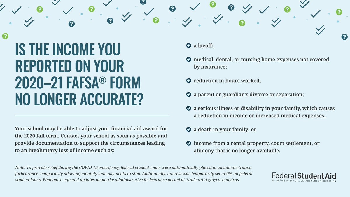 FAFSA's tweet photo. Have you or your family experienced an income change due to the coronavirus (COVID-19) national emergency? While adjustments are not required, many schools can consider special circumstances.
To request an aid adjustment, contact your financial aid office: https://t.co/fTqVbmSWt0 https://t.co/7UtogDhtt7