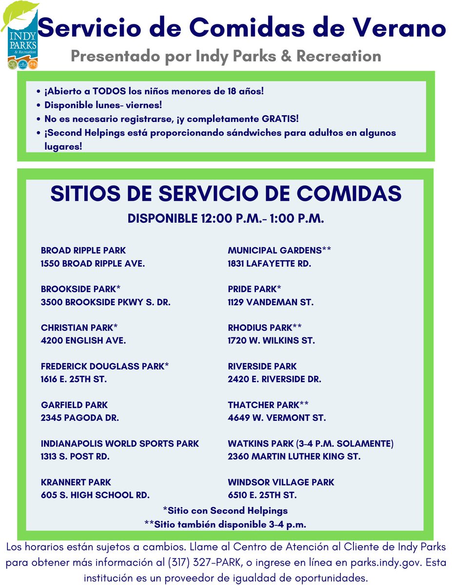 IndyParksandRec's tweet photo. Indy Parks is continuing its Summer Meal Service in locations around Marion County! Open to ALL youth 18 &amp; under, with Second Helpings providing sandwiches for adults at some locations. https://t.co/EnCrYO7tXY