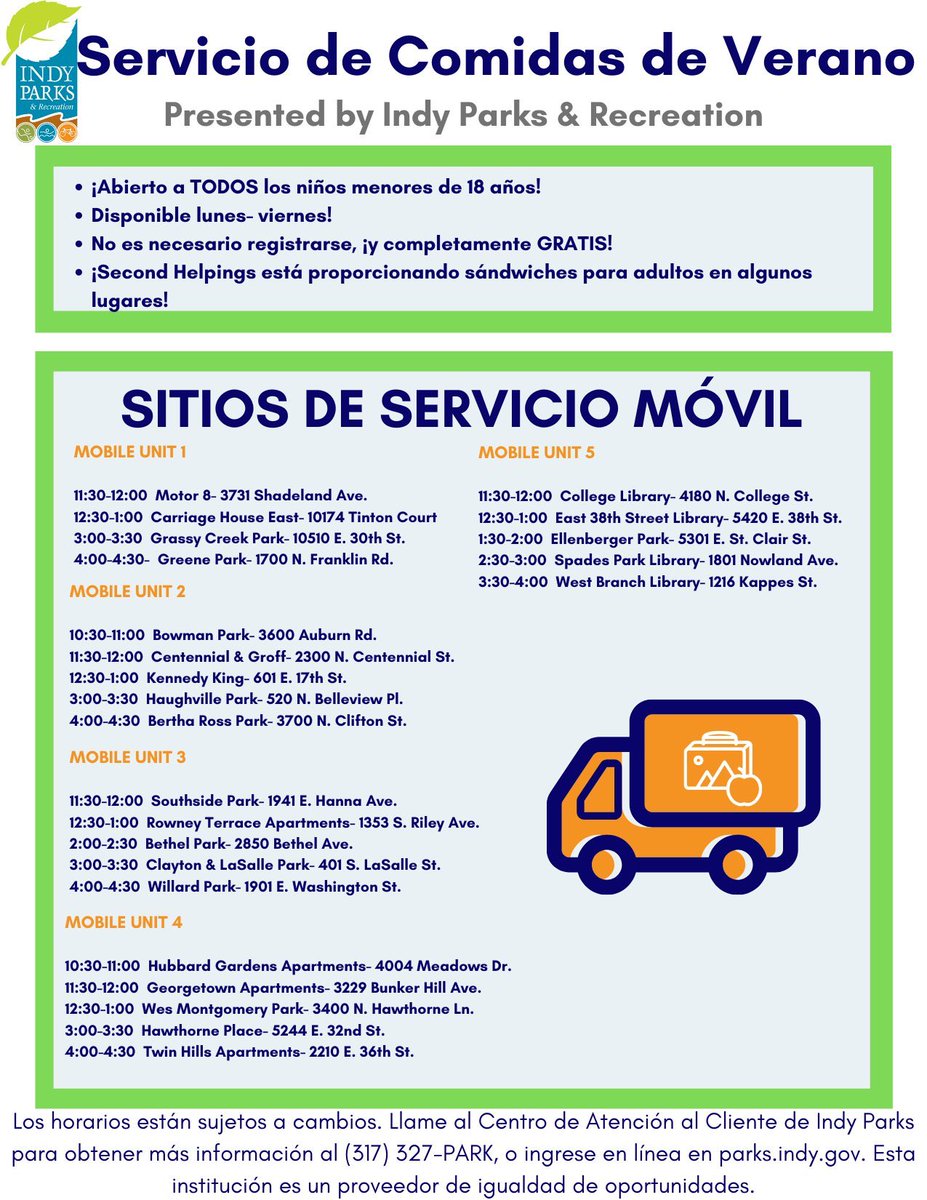 IndyParksandRec's tweet photo. Indy Parks is continuing its Summer Meal Service in locations around Marion County! Open to ALL youth 18 &amp; under, with Second Helpings providing sandwiches for adults at some locations. https://t.co/EnCrYO7tXY