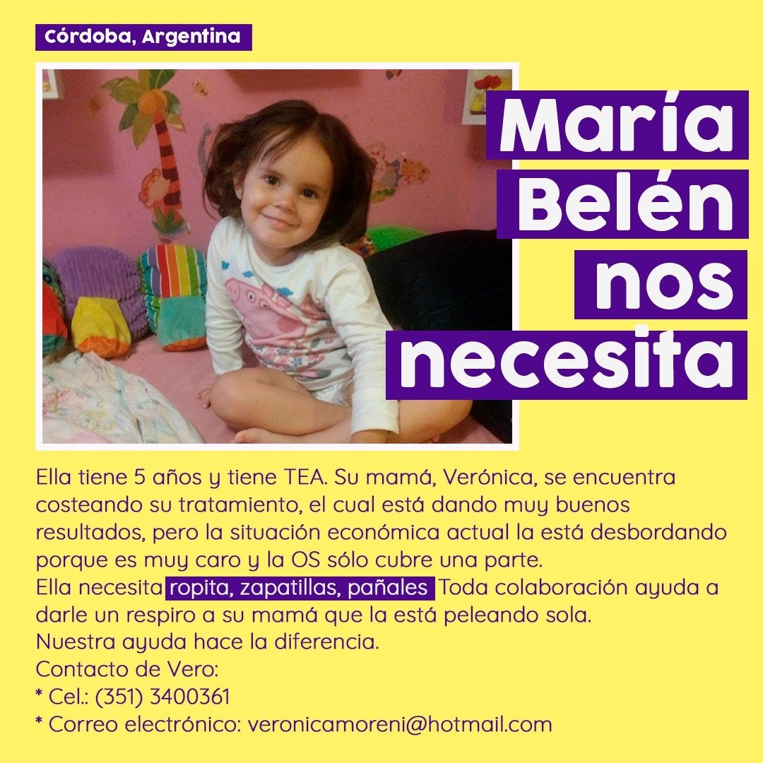 JoelAlejandro's tweet photo. ¡#AyudaParaMaríaBelen! Ella tiene 5 años y tiene TEA. Necesita ropita, zapatillas, pañales. Ayudemos a la mamá, Verónica, a poder sobrellevar la situación económica.

Dale RT para difundir 💜

CBU: 0200931911000019781408
Teléfono: +5493513400361
Mail: veronicamoreni@hotmail.com https://t.co/k3uLy7Z9uo