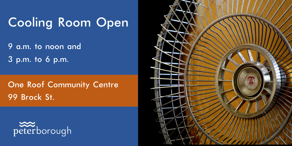 CityPtbo_'s tweet photo. A heat warning continues today for Peterborough, so One Roof drop-in centre's cooling room is open from 9am to noon and from 3pm to 6pm at 99 Brock St.

@Ptbohealth has  info on staying healthy during extreme heat: https://t.co/1s9Gx63fLl
#CoolingRoomPtbo https://t.co/FcAIBrMnIO