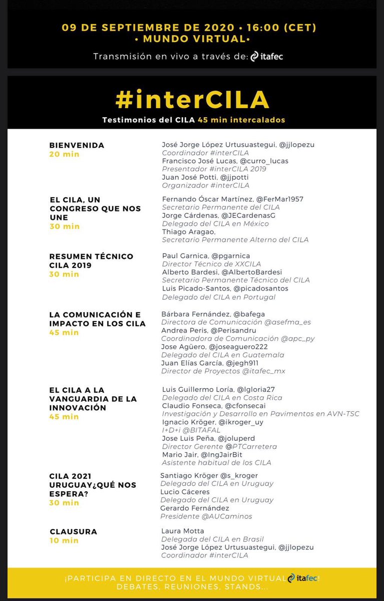 Gonzalo Valdés (@gvaldes76) on Twitter photo No se olviden de agendar para el 9 de septiembre el <a href="/interCILA/">inter CILA</a>. Grandes profesionales y amigos del mundo del Asfalto estarán presente! <a href="/cfonsecai/">Claudio Fonseca</a>, <a href="/jjpotti/">Juan Jose Potti</a>, <a href="/AlbertoBardesi/">Alberto Bardesi</a>, <a href="/lgloria27/">Luis Guillermo Loría</a>, <a href="/Itafec/">itafec</a>, <a href="/s_kroger/">Santiago Kröger</a>, <a href="/FerMar1957/">Fernando Martinez</a>,<a href="/curro_lucas/">Curro Lucas</a> #interCILA, #asfalto, #innovacion, #CILA2021 No se olviden de agendar para el 9 de septiembre el <a href="/interCILA/">inter CILA</a>. Grandes profesionales y amigos del mundo del Asfalto estarán presente! <a href="/cfonsecai/">Claudio Fonseca</a>, <a href="/jjpotti/">Juan Jose Potti</a>, <a href="/AlbertoBardesi/">Alberto Bardesi</a>, <a href="/lgloria27/">Luis Guillermo Loría</a>, <a href="/Itafec/">itafec</a>, <a href="/s_kroger/">Santiago Kröger</a>, <a href="/FerMar1957/">Fernando Martinez</a>,<a href="/curro_lucas/">Curro Lucas</a> #interCILA, #asfalto, #innovacion, #CILA2021