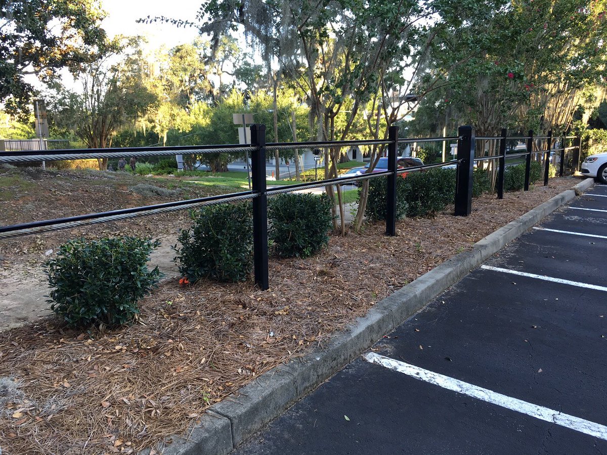 TuscoInc's tweet photo. Created using high-tensile strength steel cables stretched between posts and buried below grade into concrete dead-man anchors, cable fencing provides a formidable vehicular access prevention system.

#tuscoinc #cablefencing #perimetersecurity https://t.co/u2HPGnAaly