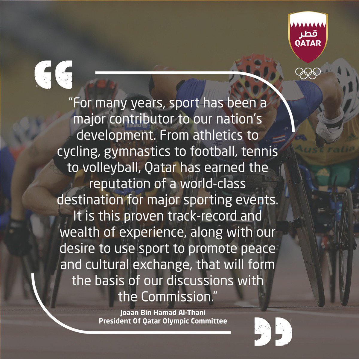 “Never before has an Olympic Games been held in the Middle East. The Olympic rings are a symbol of peace, unity and hope for people around the world, including the people of our region”

🖋”Joaan Bin Hamad Al-Thani”
President Of Qatar Olympic Committee 🇶🇦
