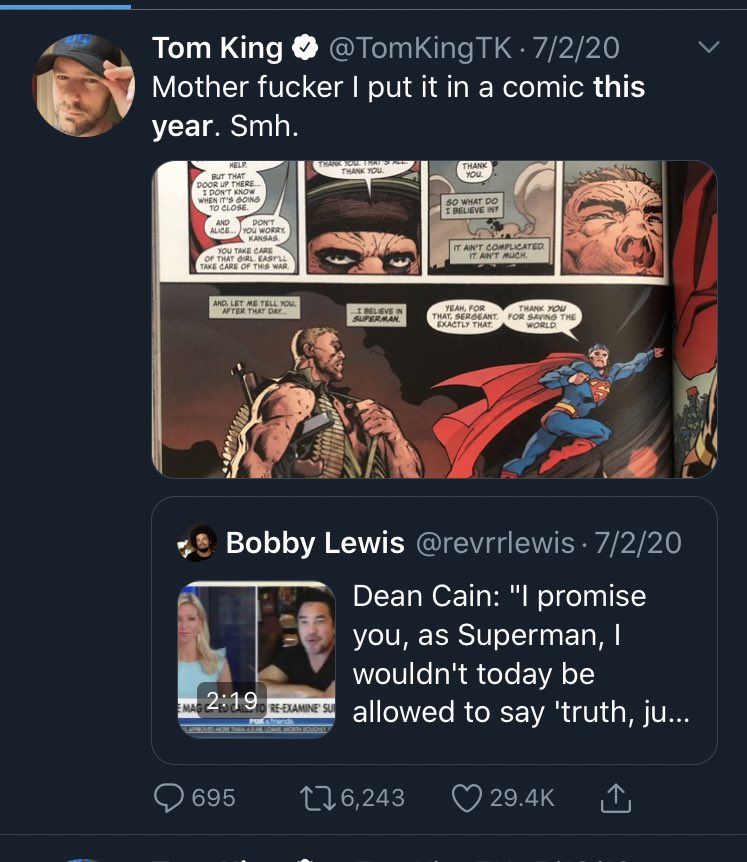  #ComicsThere are some agenda driven foks arguing that Tom King is racist against Asians.Their proof? He called out BS by Dean Cain & made a statement about not being consulted for a variant cover on his book done by an Asian American artist who did a cover for Comics Gate.