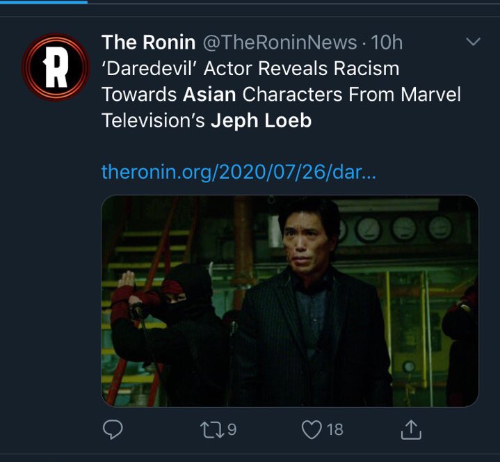 Perhaps Shane is very defensive of percieved racism against Asians as his wife is Asian.Can’t blame someone for that.This narrative was quickly adopted by Comics GateYesterday it was revealed that former Marvel head of TV - Jeph Loeb let racism affect decisions on Daredevil