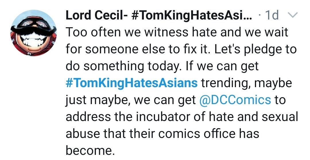  #ComicsA reasonable person would think those folks pushing a narrative of Toms “racism” would speak outHere’s Cecil - Comics Gate sidekick - imploring DC to do something about TomThe pic on the right shows statements from Cecil about Jeph Loeb #ThisIsComicsGate