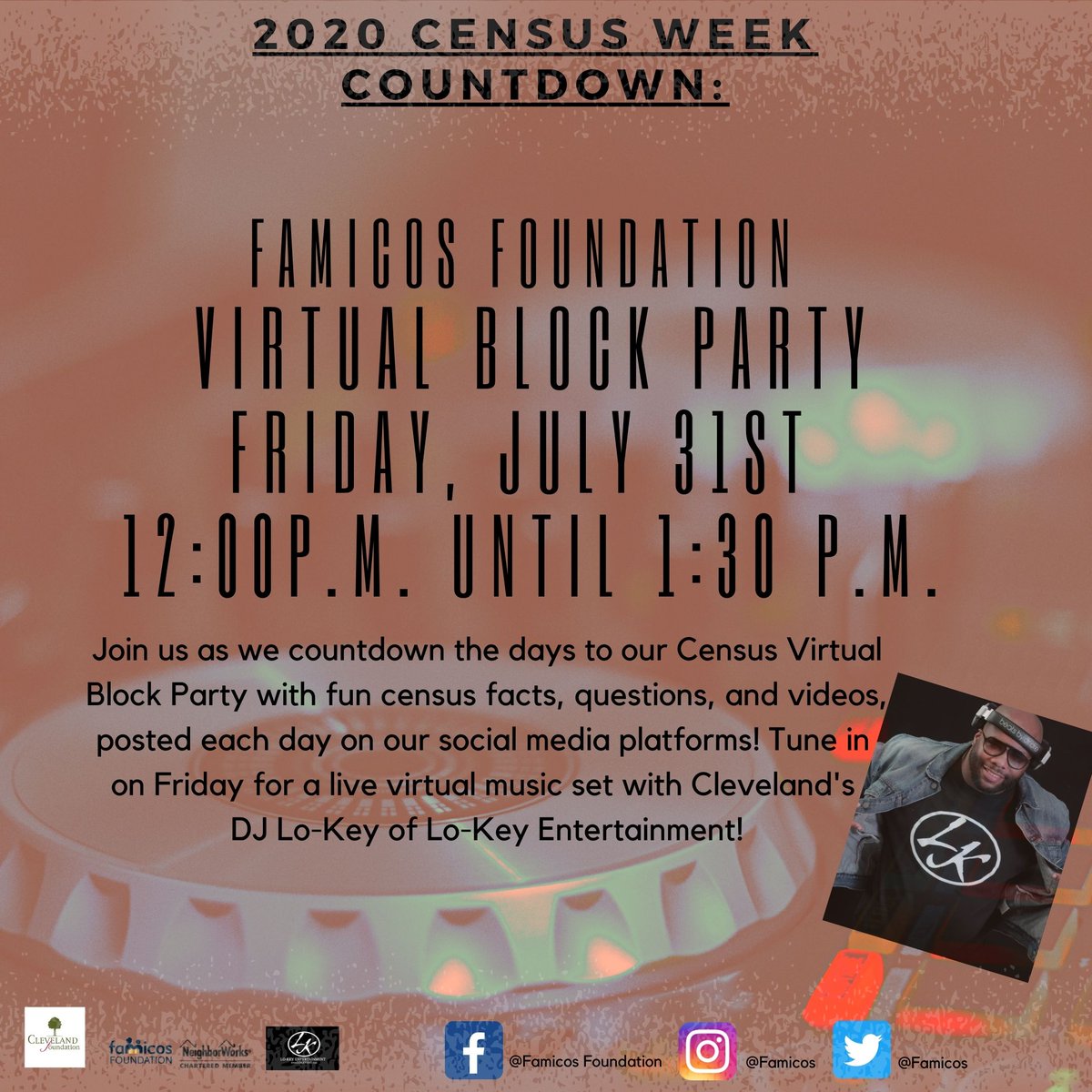 Famicos's tweet image. Join us this week for some fun facts as we countdown to our live Census 2020 Virtual Block Party featuring sounds by #DJLoKey! Tune in on our social media platforms Friday at 12:00pm for live music! #CompleteCountCle #Census2020