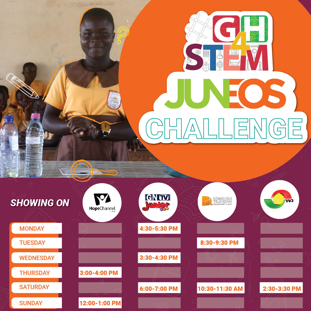 wegoinnovate's tweet photo. We're literally everywhere so you don't have an excuse to miss out on the GH4STEM JUNEOS Challenge!!! Find our weekly airing times below.

@Naa_Ashorkor @GhScientific @girlsciexplore @ghana_science @GHSTEMNetwork 
_________
#Wegoinnovate #Juneos #GH4STEM https://t.co/iXD68PM7O3