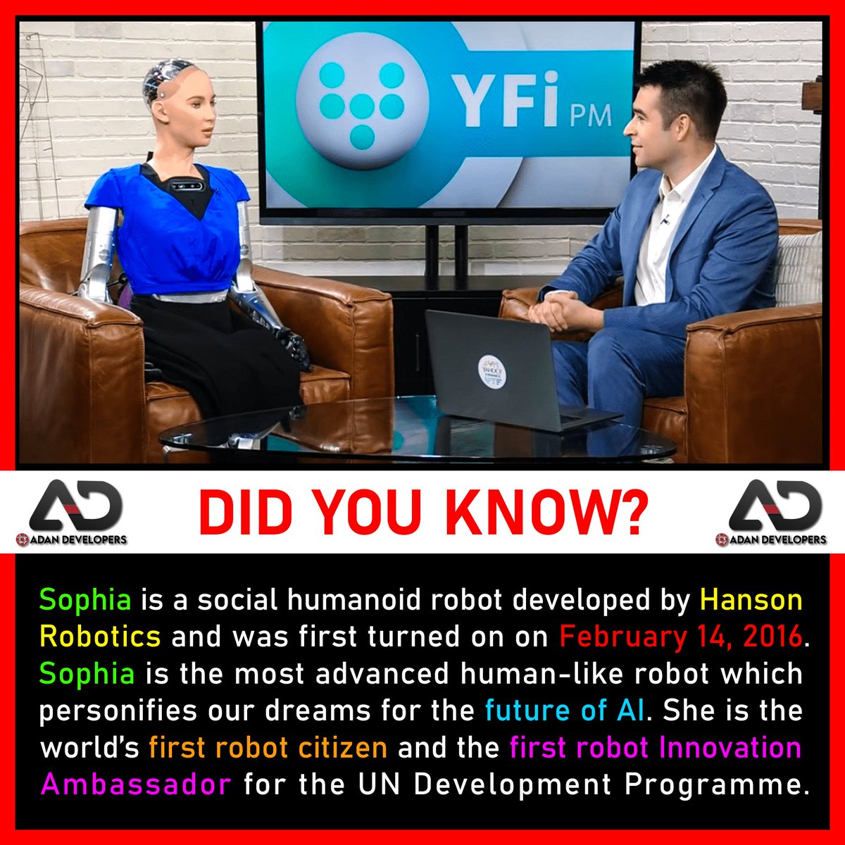 AdanDevelopers_'s tweet photo. You know who is Sophia??

She isn't a girl and literally, a ROBOT. A #robot developed and modeled on the #technology of Artificial Intelligence.

Follow us to drive awfully latest technology at your phone notification.

#Artificiallintelligence
#latesttechnology
#TechnologyNews https://t.co/qw0xLqN5gH