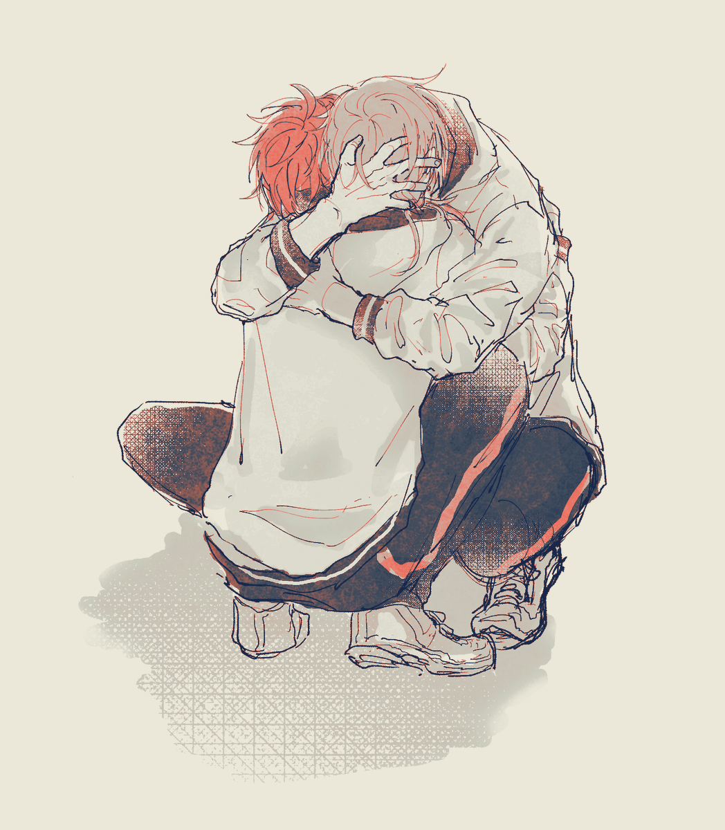2boys multiple boys male focus red hair hug squatting jacket  illustration images