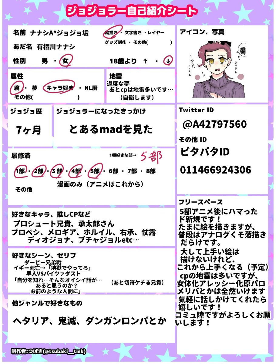ジョジョ ジョジョラー自己紹介シート ジョジョラーさんと繋がりたい 自己紹介シー 有栖川ナナシ ョョ中心雑多垢の漫画